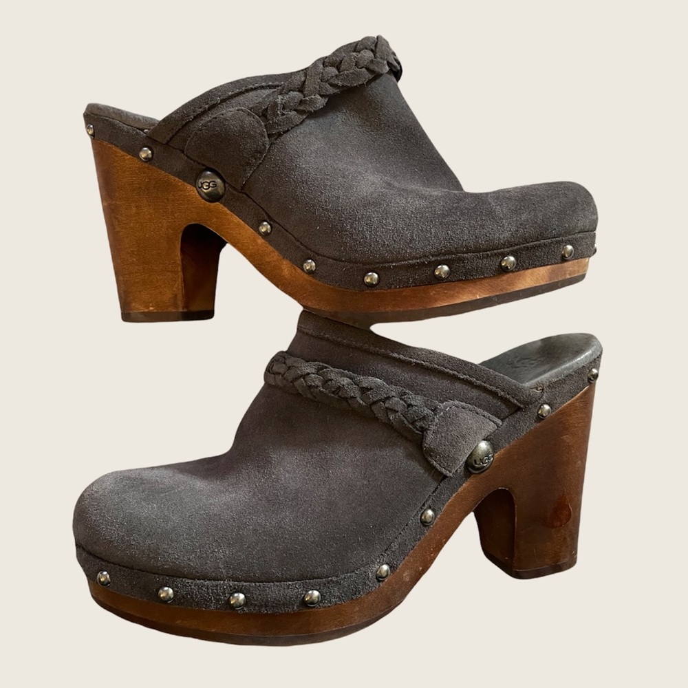 UGG Australia Kaylee Stud Gray Suede Mule Wood Clogs